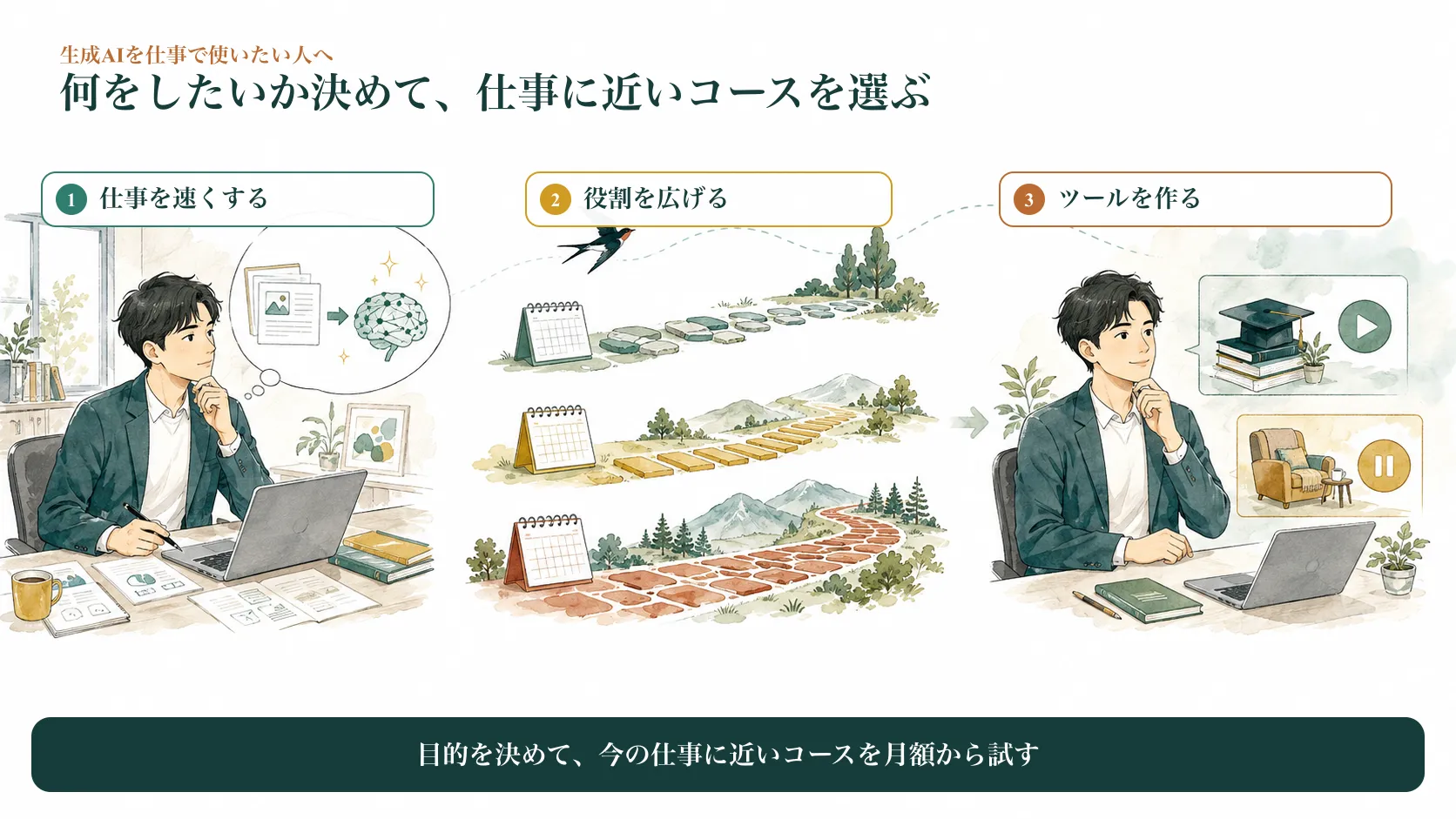 生成AIを学ぶ目的を、仕事を速くする、役割を広げる、ツールを作るの3方向に分けた図解